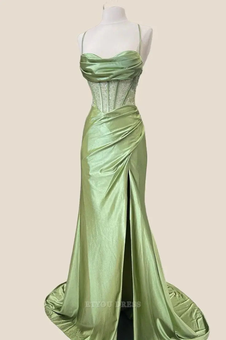 Mermaid Spaghetti Straps Satin Slit Green formal dresses Bridesmaid Dresses evening gown Prom Dress